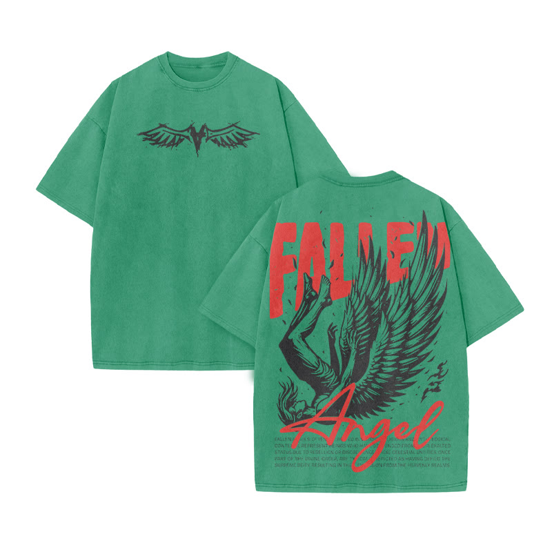 Fallen Angel Print Acid Washed T-shirt - Green - US20-22(3XL) - image 6