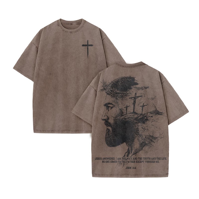 Jesus Answered, I Am The Way And The Truth And The Life Print Acid Washed T-shirt - Coffee - US20-22(3XL) - image 7