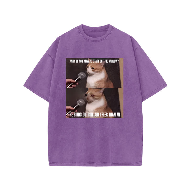 Unisex 100% Cotton A Cat With A Story Print Acid Washed T-shirt - Purple - US20-22(3XL) - image 9