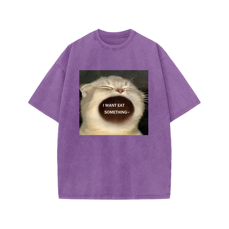 Unisex 100% Cotton Greedy Cat Print Acid Washed T-shirt - Purple - US20-22(3XL) - image 9