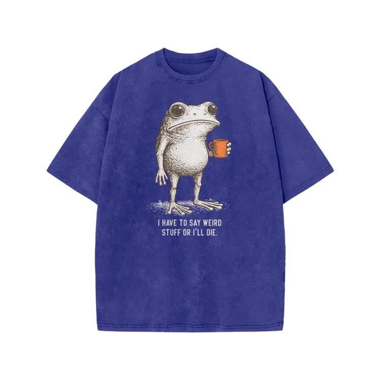 I Have To Say Weird Stuff Or I’ll Die Frog Print Acid Washed T-shirt - Blue - US20-22(3XL) - image 6
