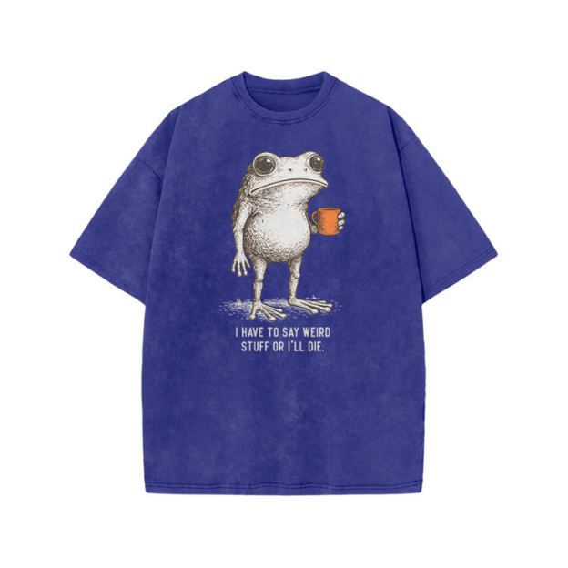 I Have To Say Weird Stuff Or I’ll Die Frog Print Acid Washed T-shirt - Blue - US20-22(3XL) - image 6