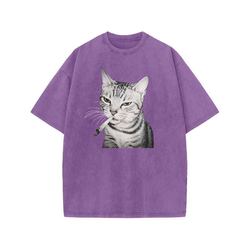 Tabby Cat With A Cigarette In Its Mouth Print Acid Washed T-shirt - Purple - US20-22(3XL) - image 9