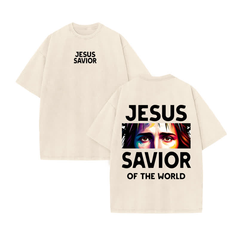 Unisex 100% Cotton Jesus Savior Print Acid Washed T-shirt - Beige - US20-22(3XL) - image 3