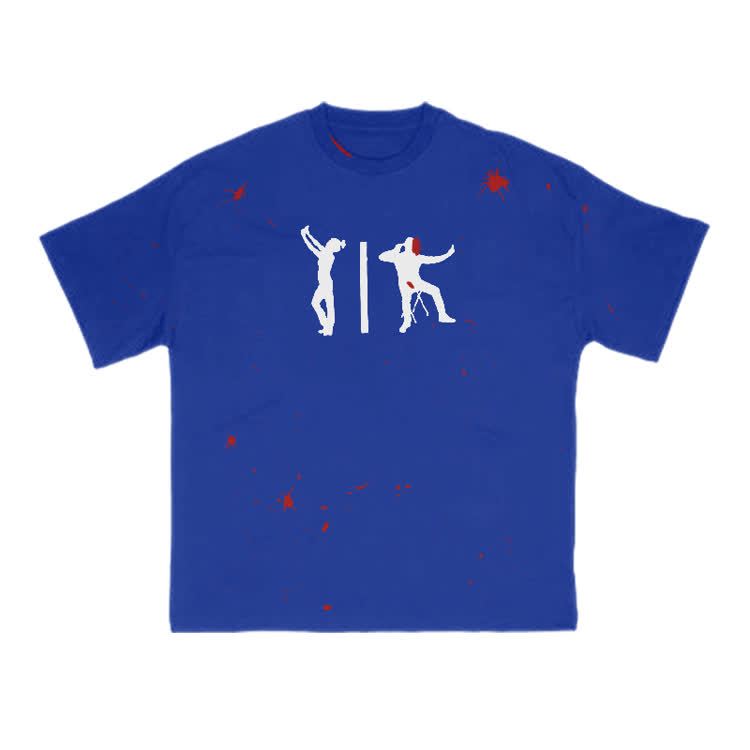 Zombie Attack Silhouette Blood Splatter Print T-shirt  - Blue - 8XL - image 4