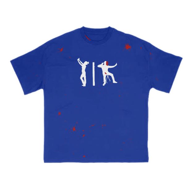 Zombie Attack Silhouette Blood Splatter Print T-shirt  - Blue - 8XL - image 4