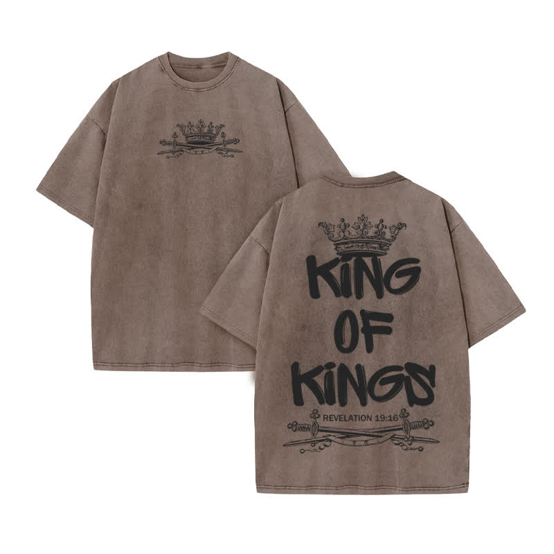 Unisex 100% Cotton King Of Kings Crown Saber Print Acid Washed T-shirt - Coffee - US20-22(3XL) - image 4