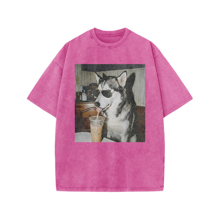 Vintage Husky Iced Coffee Print Acid Washed T-shirt - Pink - US20-22(3XL) - image 9