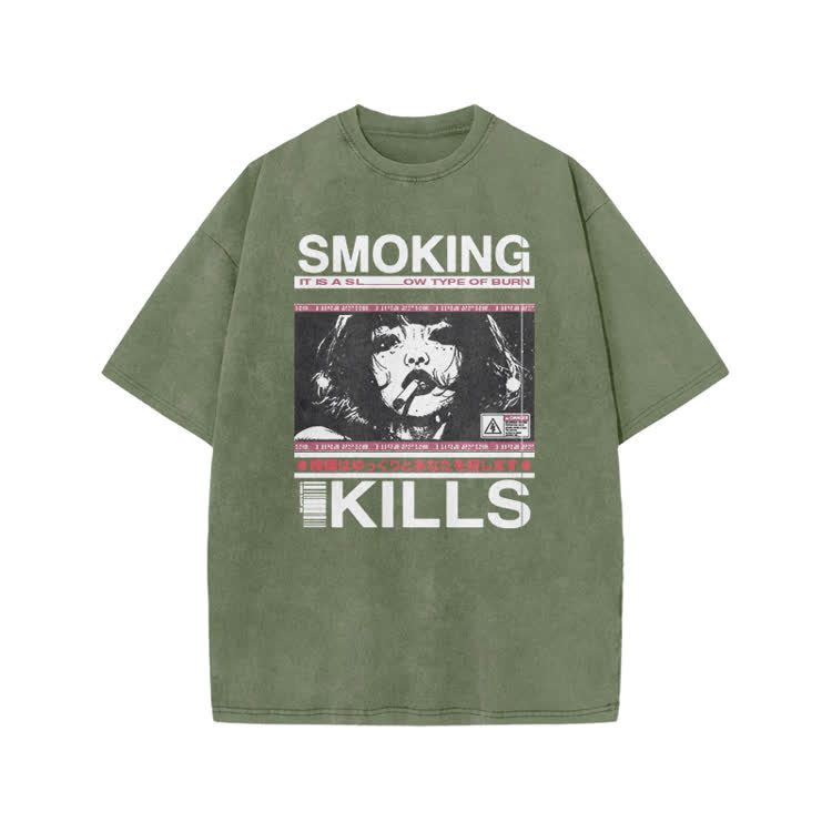 Smoking Kills Retro Manga Style Graphic Print Acid Washed T-Shirt - Army Green - US20-22(3XL) - image 4