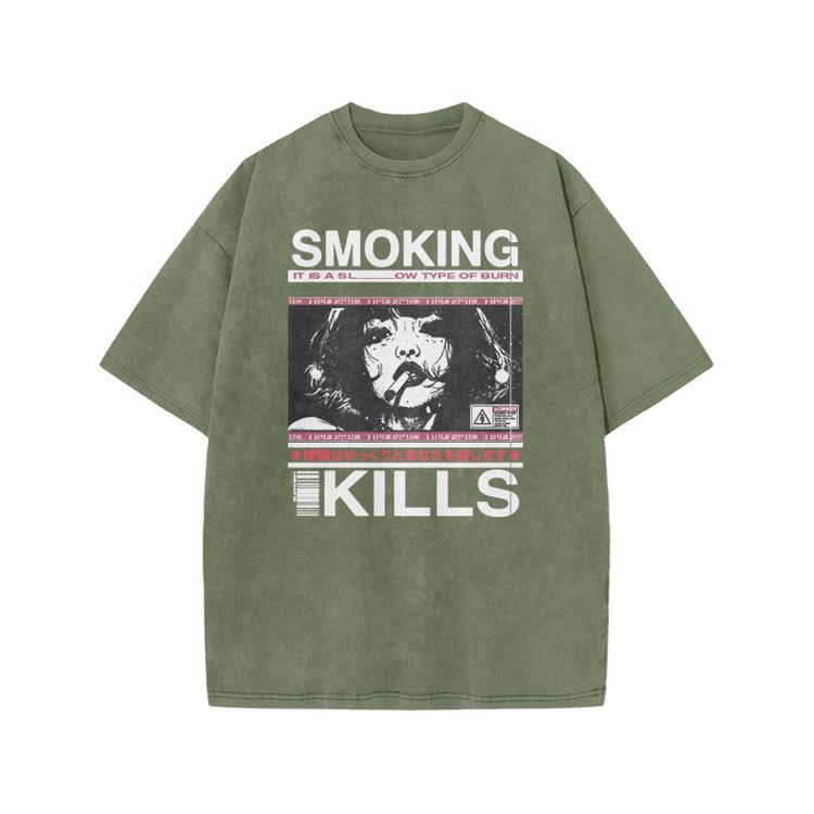 Smoking Kills Retro Manga Style Graphic Print Acid Washed T-Shirt - Army Green - US20-22(3XL) - image 4