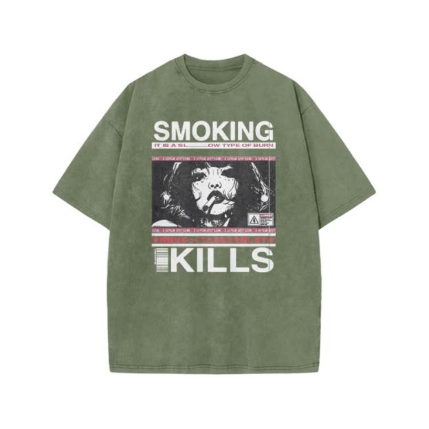 Smoking Kills Retro Manga Style Graphic Print Acid Washed T-Shirt - Army Green - US20-22(3XL) - image 4