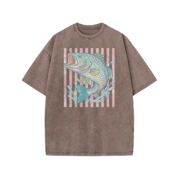 Vintage Bass Fish Graphic Print Acid Washed T-shirt - Coffee - US20-22(3XL) - image 3