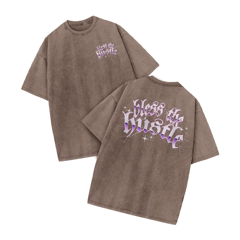 Bless The Hustle Print Acid Washed T-shirt - Coffee - US20-22(3XL) - image 8