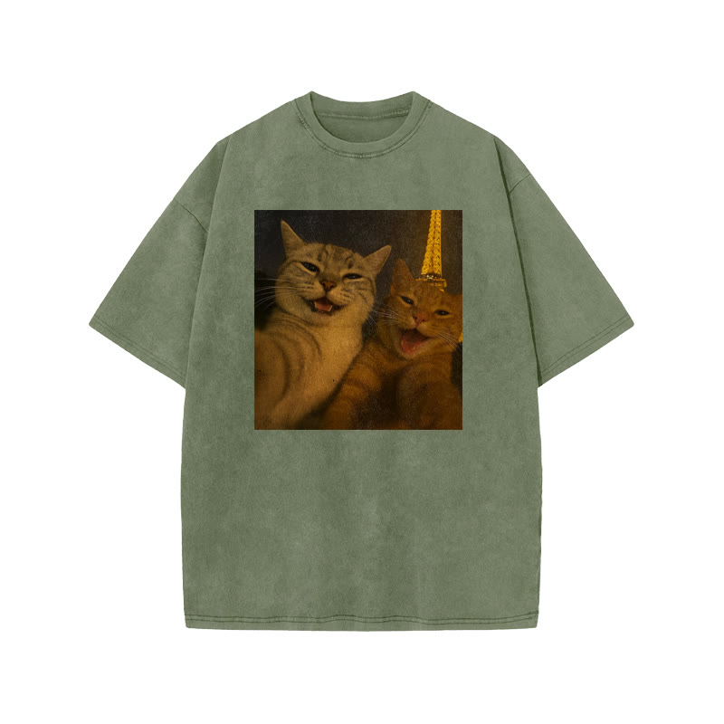 Unisex 100% Cotton Selfie Cat Print Acid Washed T-shirt - Army Green - US20-22(3XL) - image 5