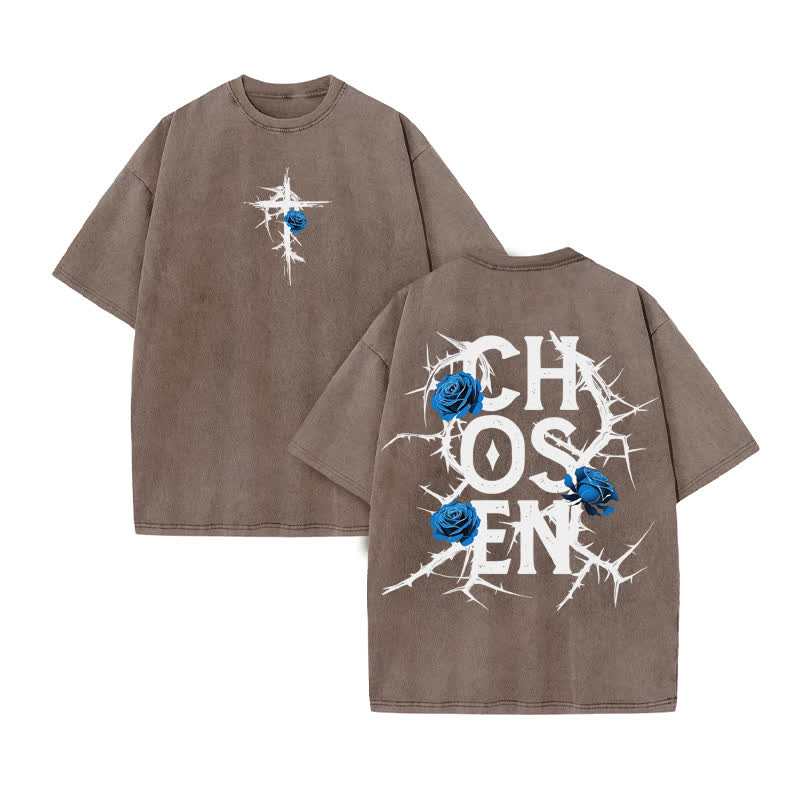 Unisex 100% Cotton JESUS CHOSEN Print Acid Washed T-shirt - Coffee - US20-22(3XL) - image 4