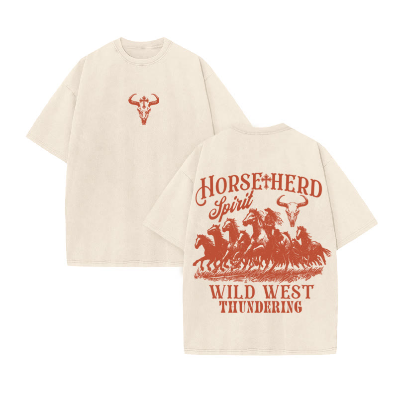 Unisex 100% Cotton Wild Western Style Print Acid Washed T-shirt