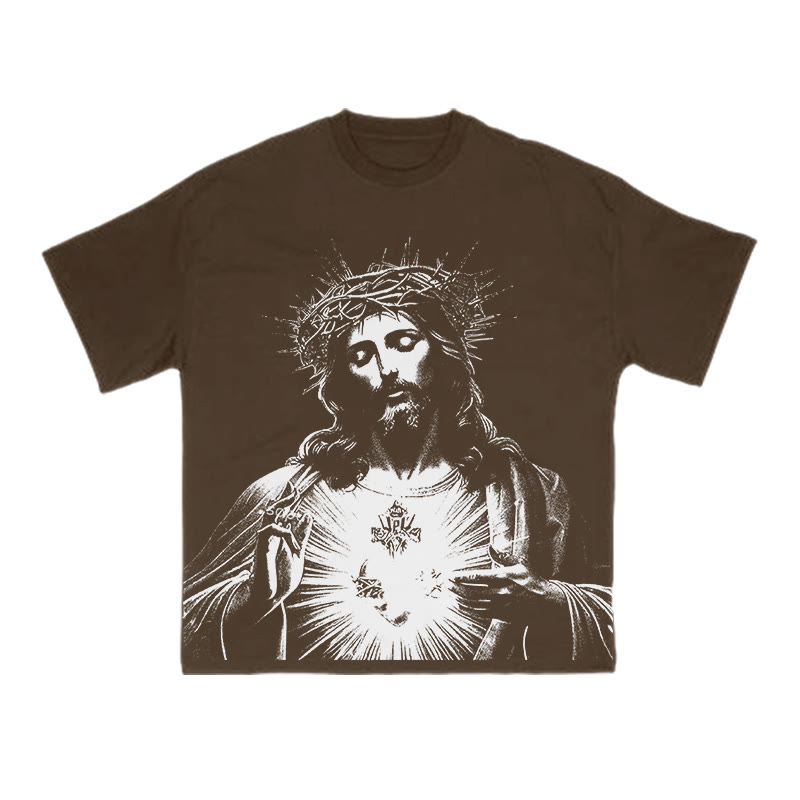 Unisex 100% Cotton Sacred Heart Of Jesus Print T-shirt - Coffee - US16-18(2XL) - image 6