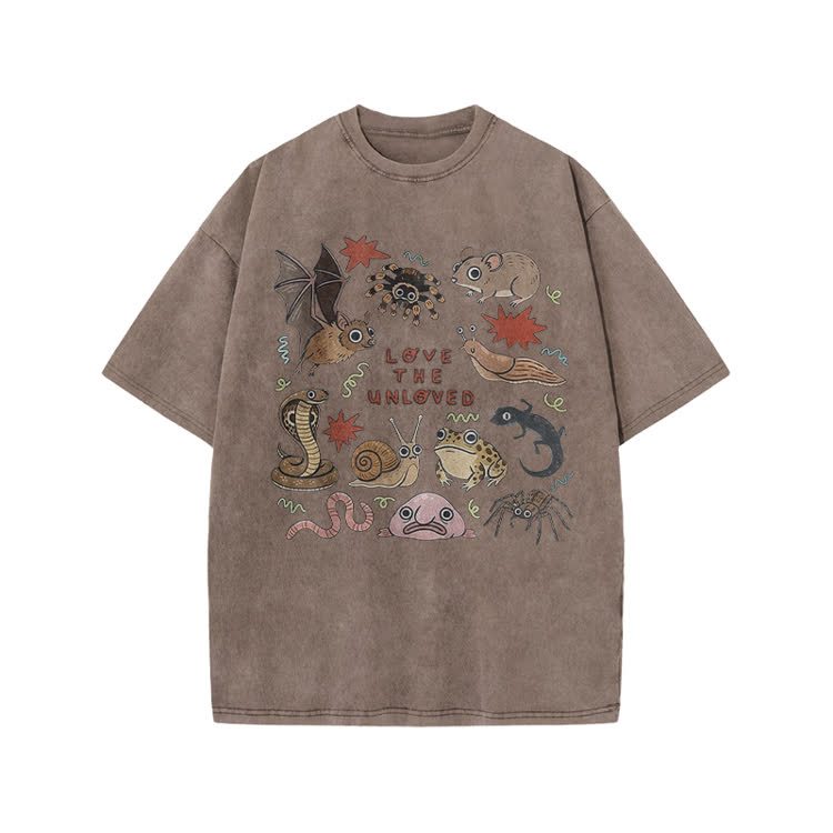Retro Love The Unloved Cartoon Graphic Print Acid Washed T-Shirt - Coffee - US20-22(3XL) - image 4