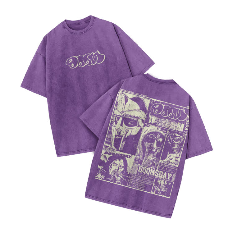 Vintage Doomsday Mask Panel Print Acid Washed T-Shirt - Purple - US20-22(3XL) - image 6