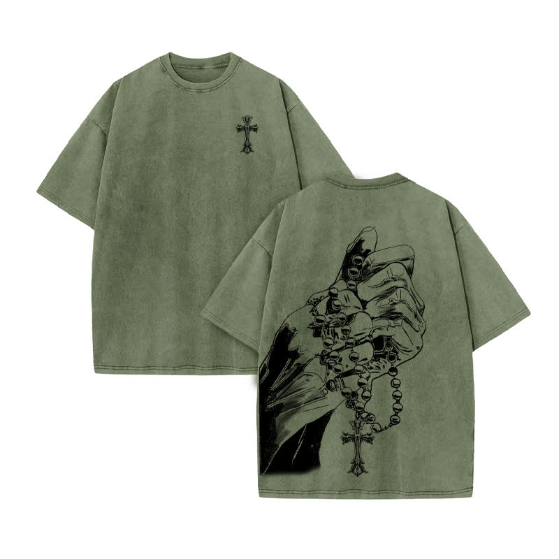 Unisex 100% Cotton Devout Faith Print Acid Washed T-shirt - Army Green - US20-22(3XL) - image 6