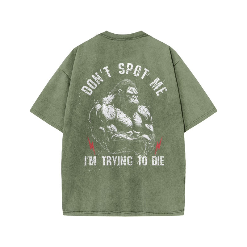 100% Cotton Don't Spot Me Gym Print Acid Washed T-shirt - Army Green - US20-22(3XL) - image 8