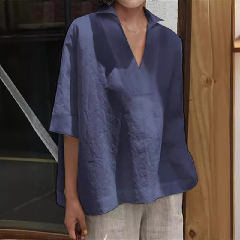 Casual V-neck Mid-sleeve Top - Dark Blue - 5XL - image 3