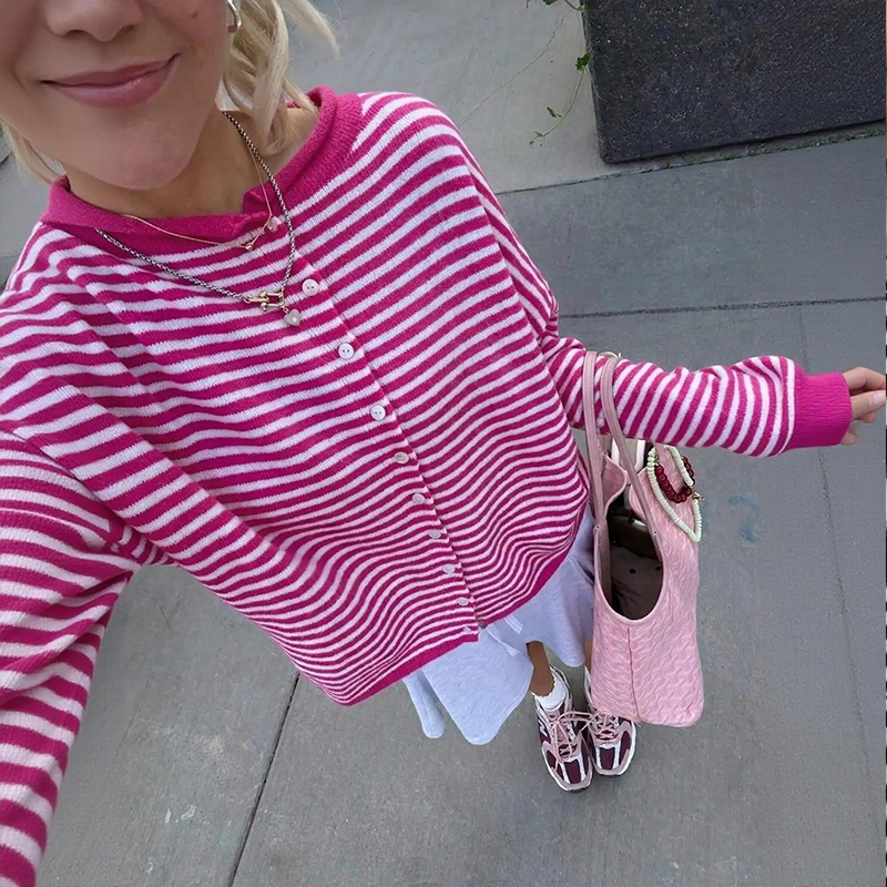 Women's Coastal Striped Knit Button Front Cardigan Sweater - Rose - 3XL - image 8