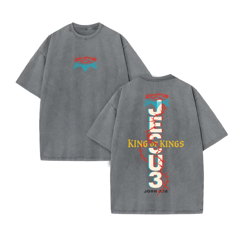 Unisex 100% Cotton Jesus Is King Tangled With Thorns Print Acid Washed T-shirt - Grey - US20-22(3XL) - image 5