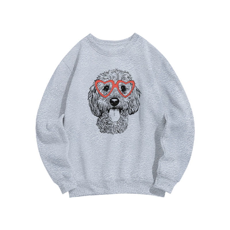 Curly-haired Puppy With Heart-shaped Glasses Valentine's Day Print Sweatshirt - Grey - US16-18(2XL) - image 3