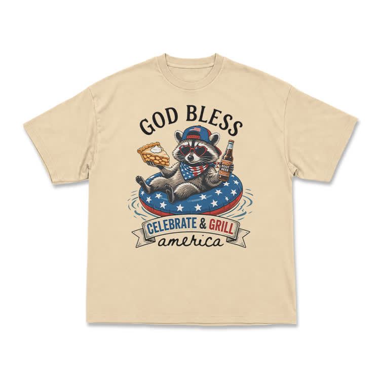 Casual Patriotic Raccoon Graphic T-Shirt - Apricot - US16-18(2XL) - image 6