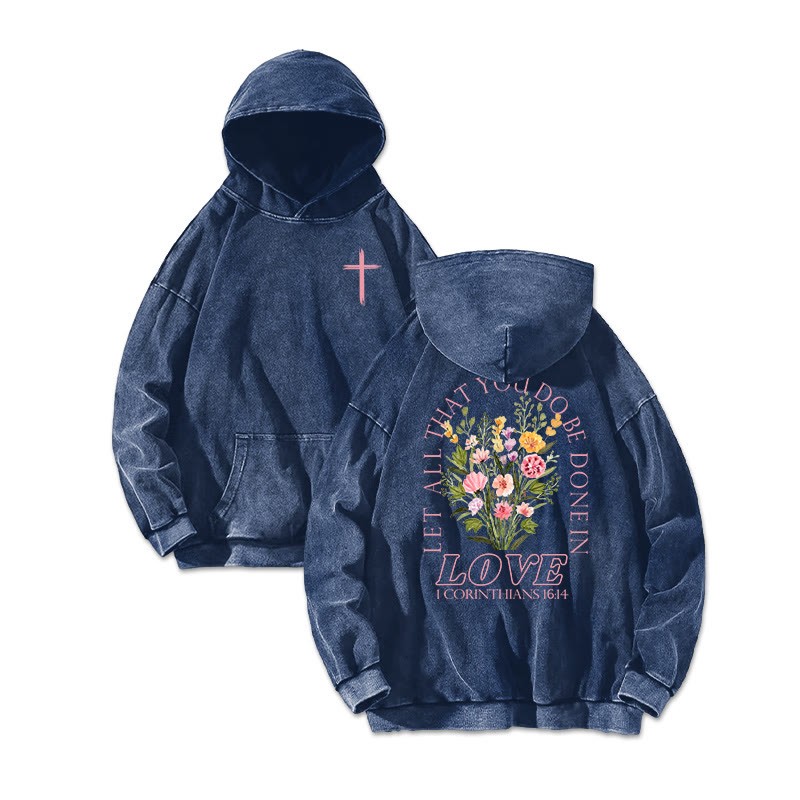 Let All That You Do Be Done In Love Printed Washed Hoodie  - Blue - US16-18(2XL) - image 6
