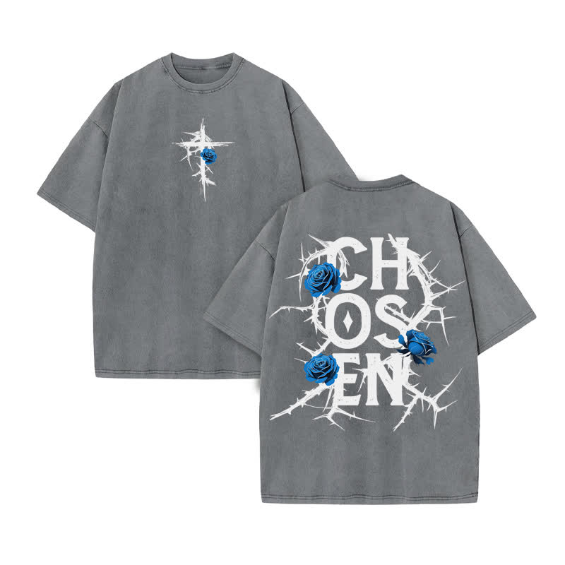 Unisex 100% Cotton JESUS CHOSEN Print Acid Washed T-shirt - Grey - US20-22(3XL) - image 5