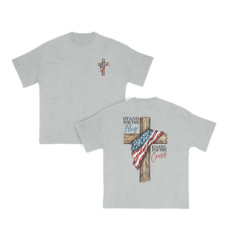 Unisex 100% Cotton Stand For The Flag Kneel For The Cross Print T-shirt - Grey - US16-18(2XL) - image 4