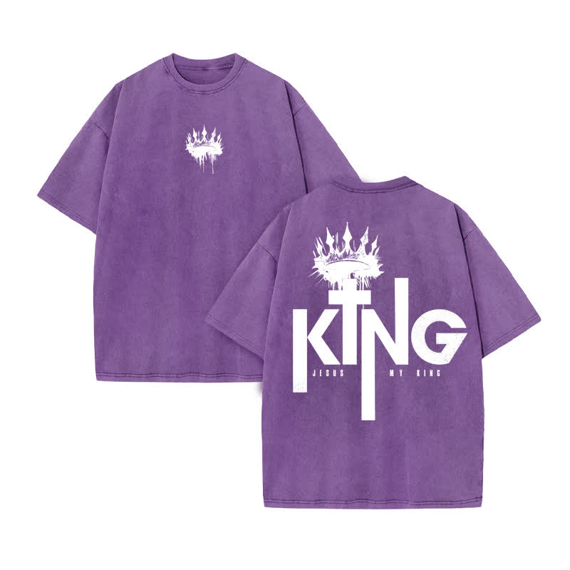 Unisex 100% Cotton JESUS IS MY KING Print Acid Washed T-shirt - Purple - US20-22(3XL) - image 9
