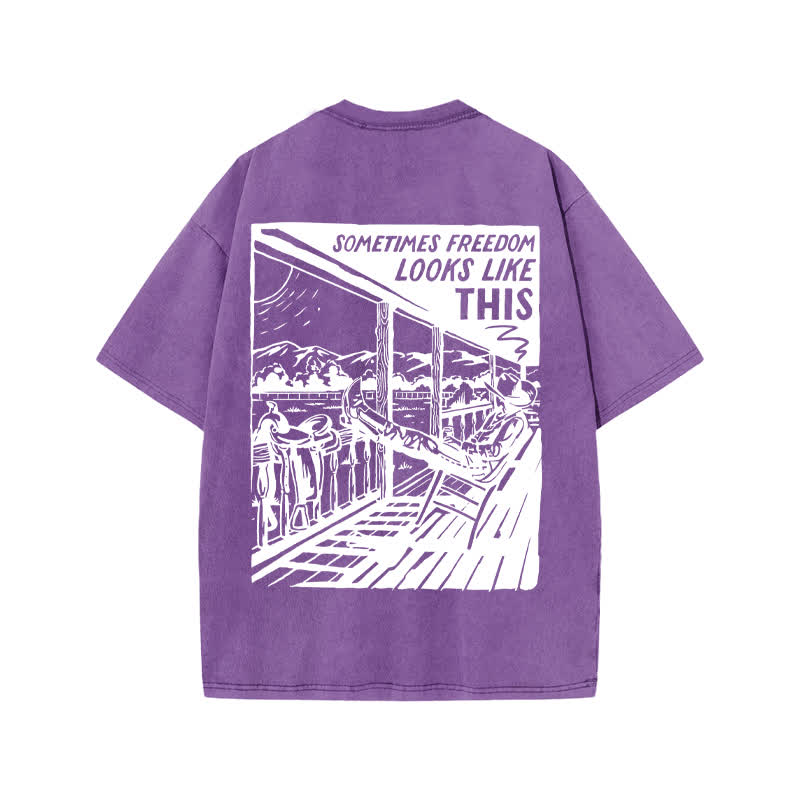 Unisex Western Leisure Time Print Acid Washed T-shirt - Purple - US20-22(3XL) - image 9