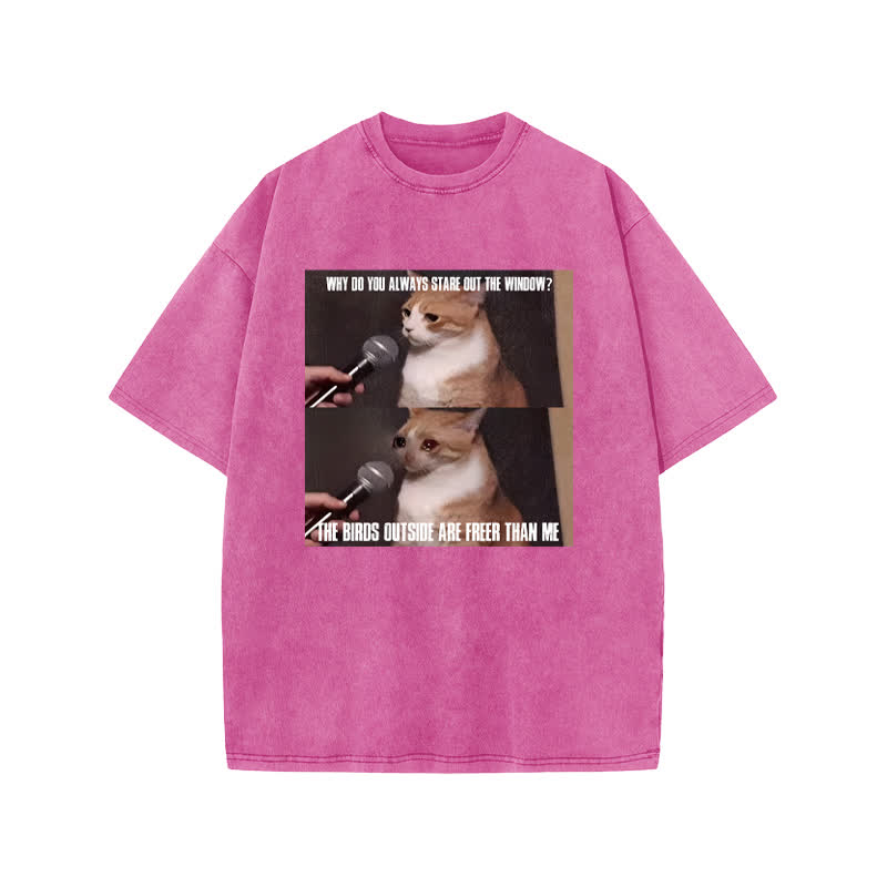 Unisex 100% Cotton A Cat With A Story Print Acid Washed T-shirt - Pink - US20-22(3XL) - image 7
