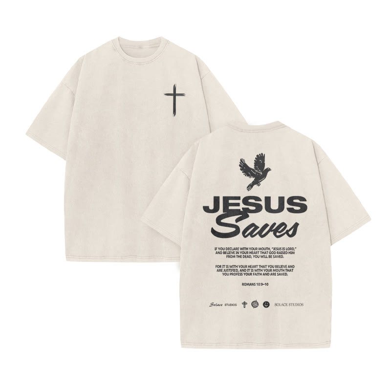 Unisex 100% Cotton Jesus Saves Cross Print Acid Washed T-shirt - Beige - US20-22(3XL) - image 3