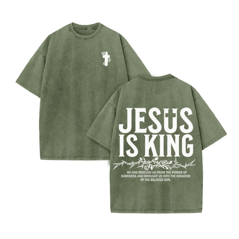Unisex 100% Cotton Jesus Is King Flower Of Thorns Print Acid Washed T-shirt - Army Green - US20-22(3XL) - image 6