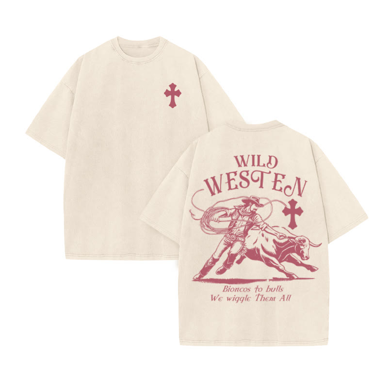 Unisex 100% Cotton WILD WESTERN Western Style Print Acid Washed T-shirt