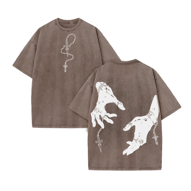 Unisex 100% Cotton God's Grip print Acid Washed T-shirt - Coffee - US20-22(3XL) - image 4