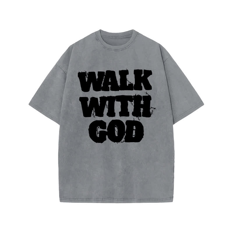Unisex 100% Cotton Walk With God Thorn Lines Print Acid Washed T-shirt - Grey - US20-22(3XL) - image 4