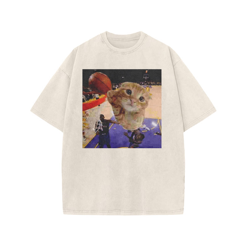 Orange Cats Playing Basketball Print Acid Washed T-shirt - Beige - US20-22(3XL) - image 3