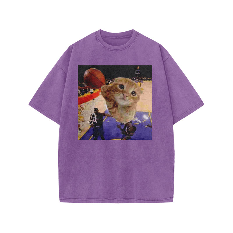Orange Cats Playing Basketball Print Acid Washed T-shirt - Purple - US20-22(3XL) - image 9