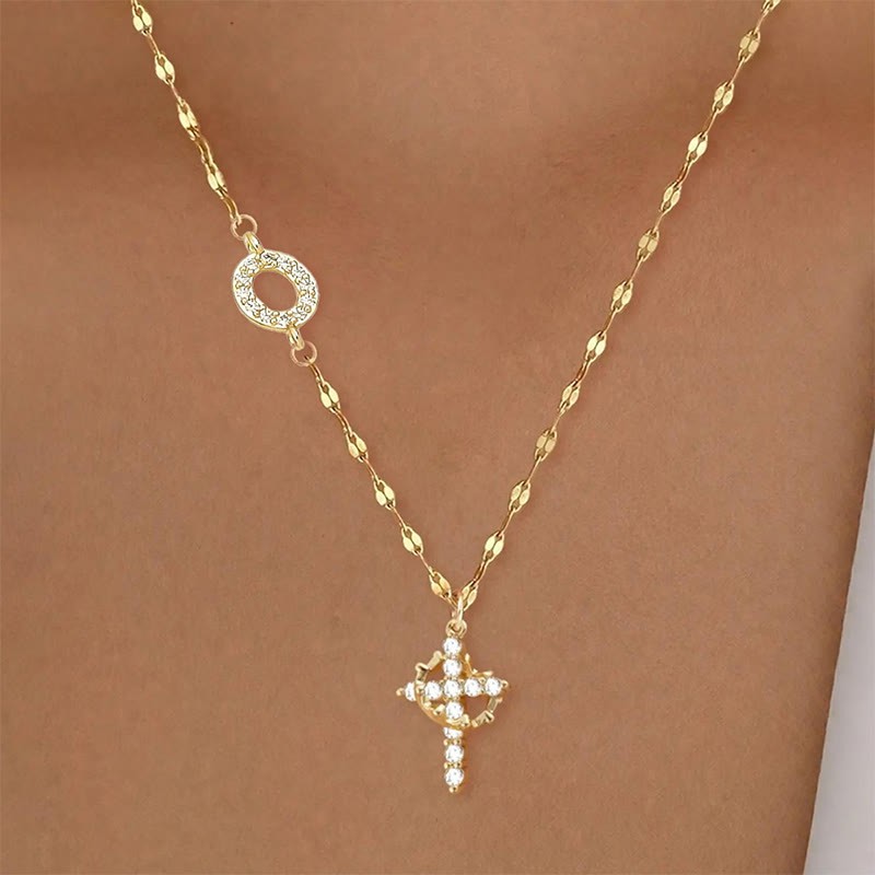 Rhinestone Letter Cross Pendant Necklace - O - one size - image 19