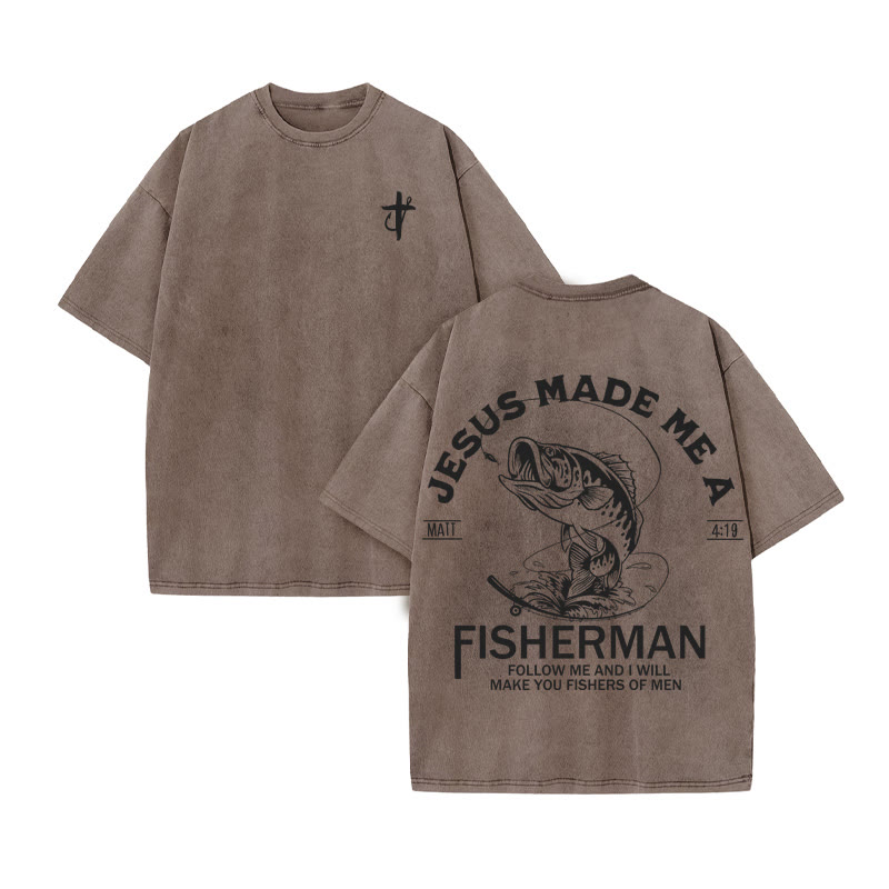 Unisex 100% Cotton Jesus Made Me A Fisherman  Print Acid Washed T-shirt - Coffee - US20-22(3XL) - image 5