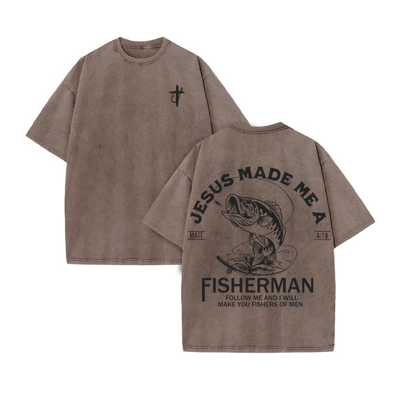 Unisex 100% Cotton Jesus Made Me A Fisherman  Print Acid Washed T-shirt - Coffee - US20-22(3XL) - image 5
