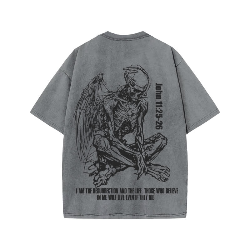 Unisex John 11:25-26 Print Acid Washed T-shirt - Grey - US20-22(3XL) - image 4