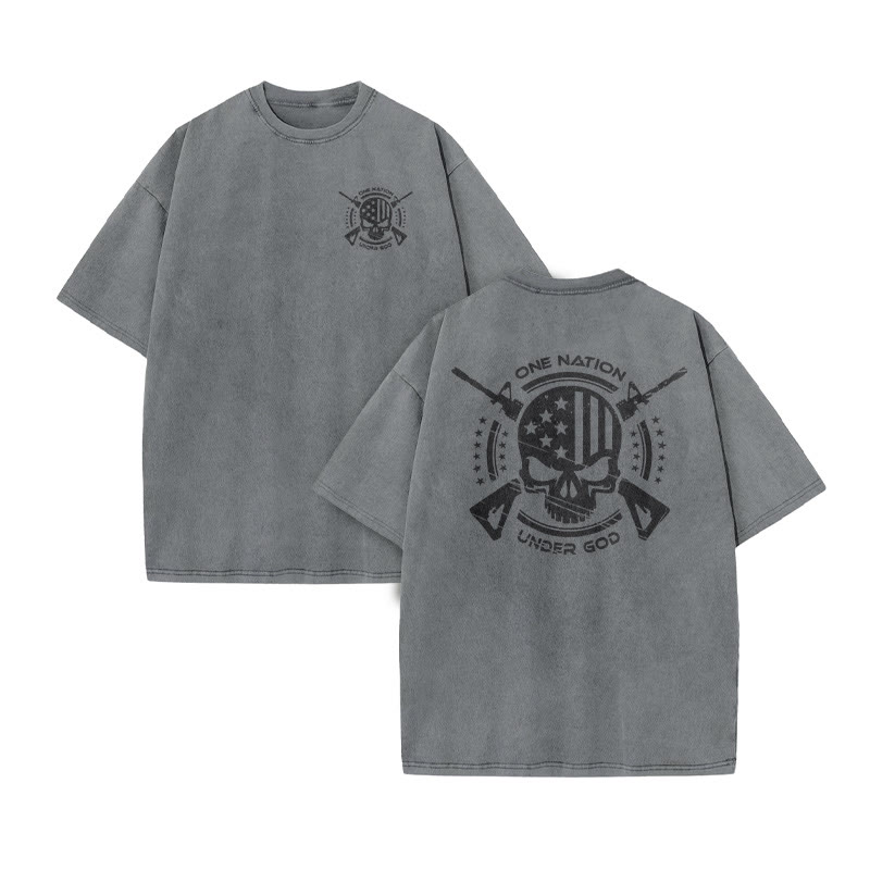 Unisex 100% Cotton One Nation Under God Print Acid Washed T-shirt - Grey - US20-22(3XL) - image 4