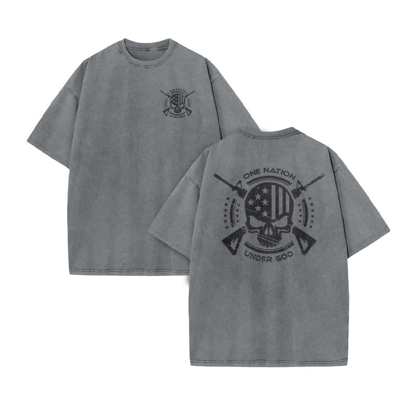 Unisex 100% Cotton One Nation Under God Print Acid Washed T-shirt - Grey - US20-22(3XL) - image 4