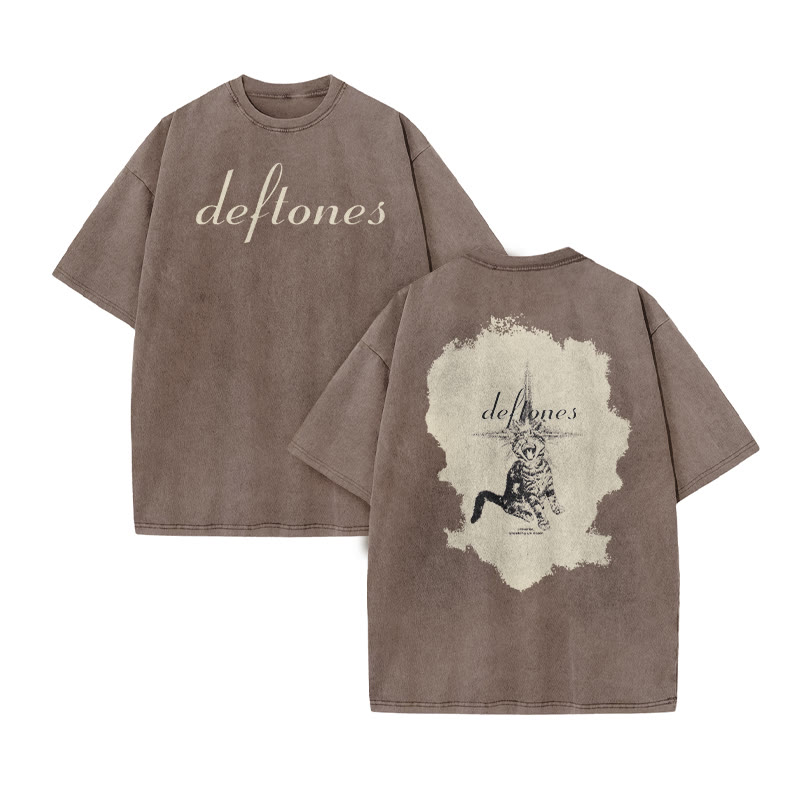 Unisex Deftones Meme Cat Print Acid Washed T-shirt - Coffee - US20-22(3XL) - image 6
